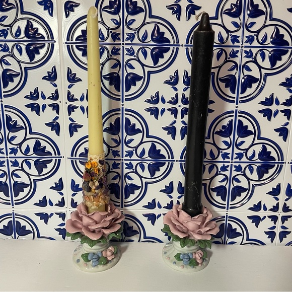 Vintage Set 1970’s Bisque Porcelain Handcrafted Rose Candle Holders on Pedestals - Picture 9 of 13